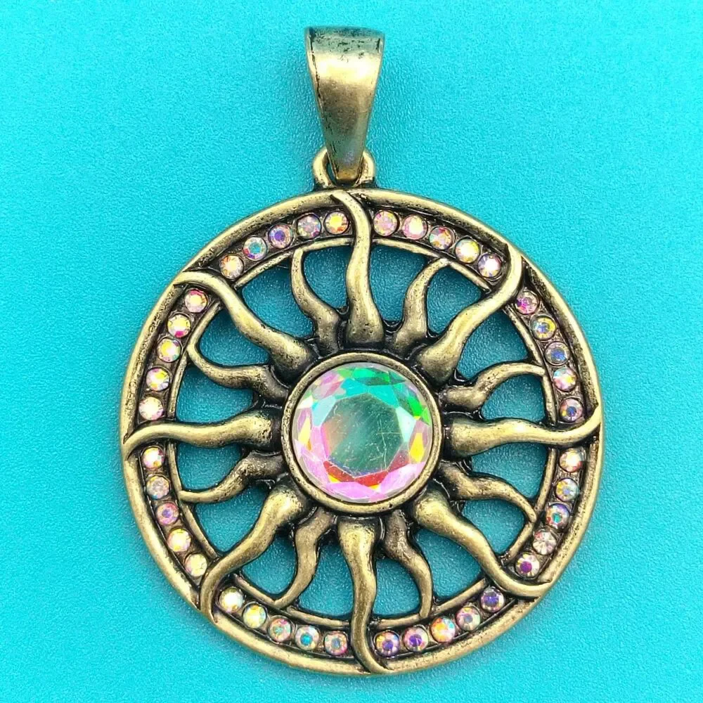 Sunburst Pendant AB Rhinestone Antique Gold Tone Celestial Boho Jewelry